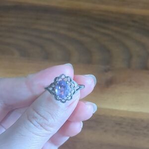 Avon Silver Ring with Pink Oval Stone and Filigree Halo